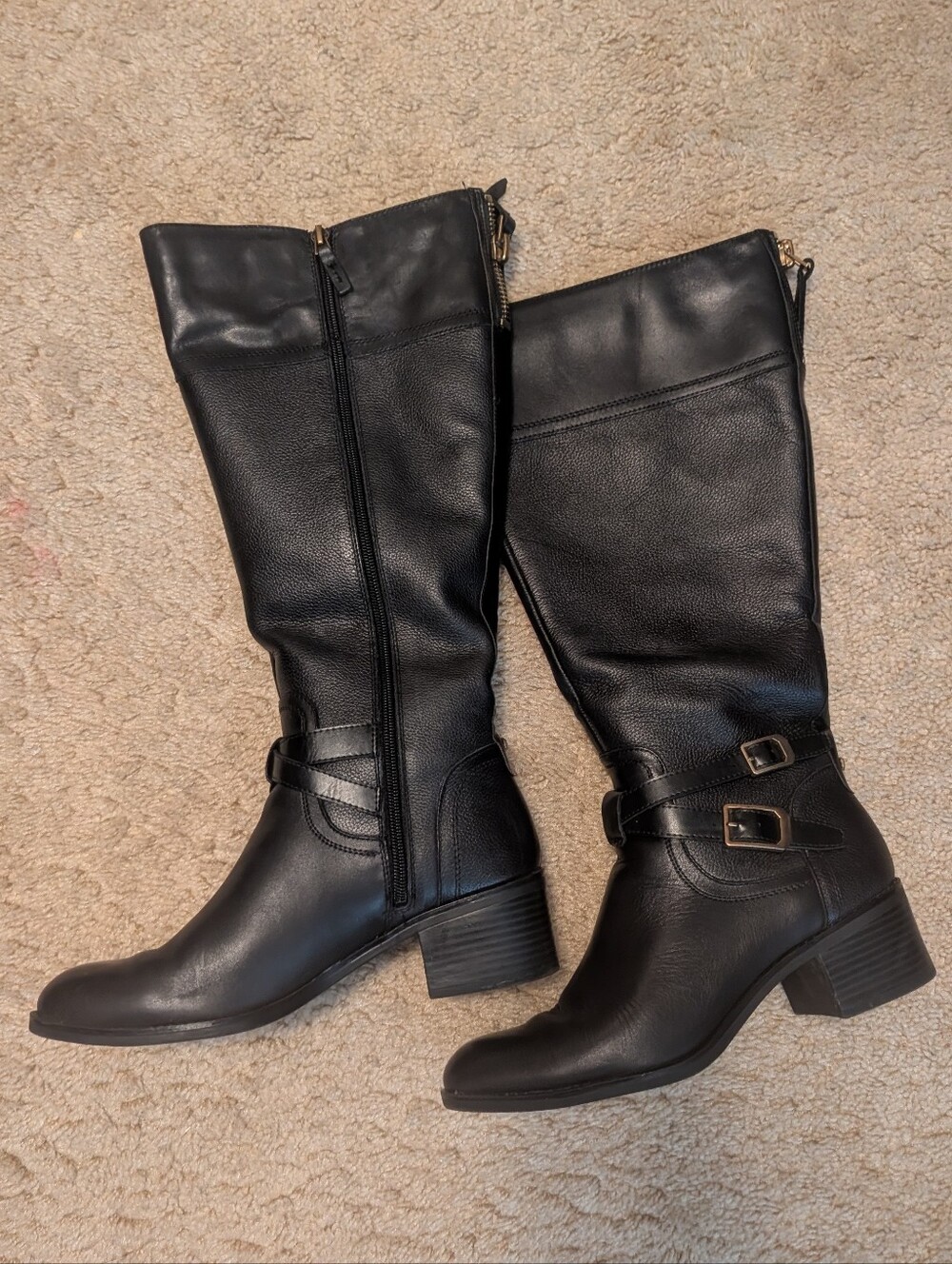 🆕 Franco Sarto Black Knee-High Buckle Leather Boots - Women Wide Calf 9